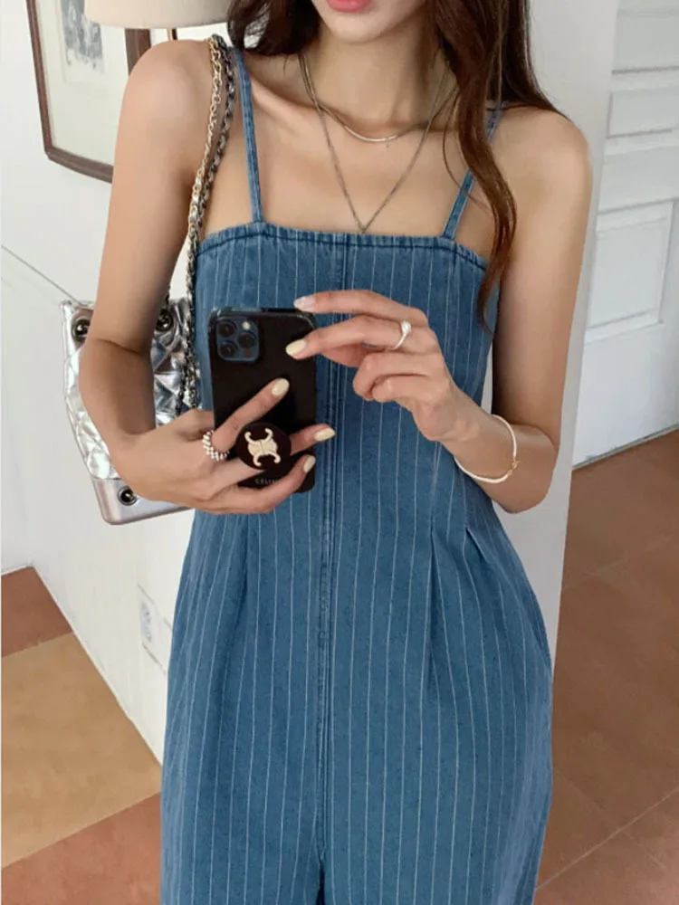 Vintage Striped Baggy Denim Slip Jumpsuit For Women Casual Loose Wide Leg Rompers With Pocket Pants Summer Overalls Playsuit New