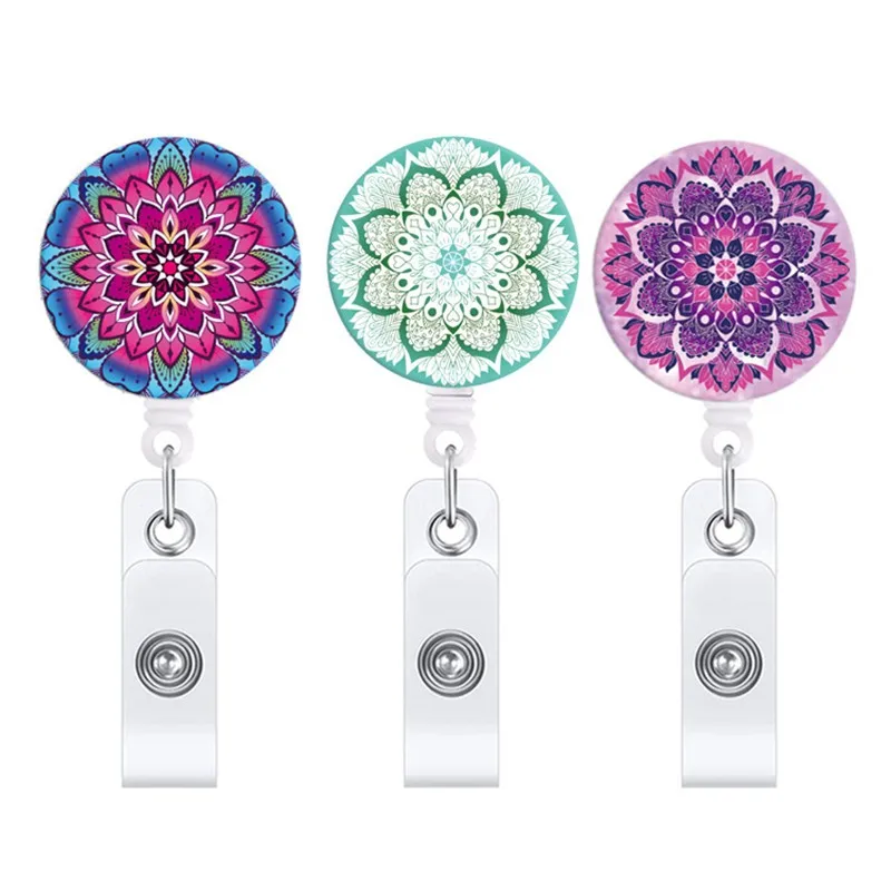 Mandala Flower Retractable Buckle Nurse ID Card Badge Holder Porta Credencial Worker Medical Card Holder Telescopic Keychain