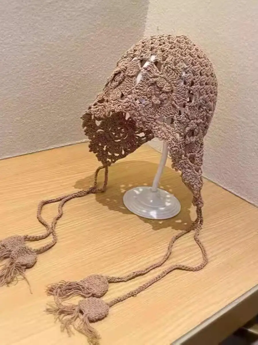 bohemian-style-women's-knitted-fashionable-versatile-decorative-hat-overhead-hat-ethnic-wind-two-piece-set-spring-summer