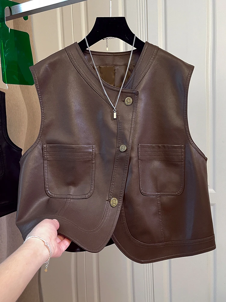 Cé Brown PU Leather Vest Women's 2024 Autumn Retro Irregular Layering Leather Jaet oulder Top Commute Sle round Ne