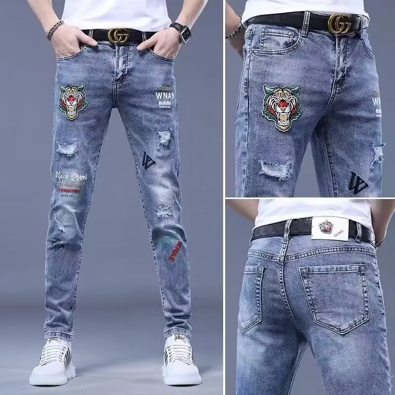 Harajuku Fashion Streetwear Stretch Men Luxury 2024 High-end Embroidered Slim Denim Jeans Boyfriend Designer Cowboy Pants Men