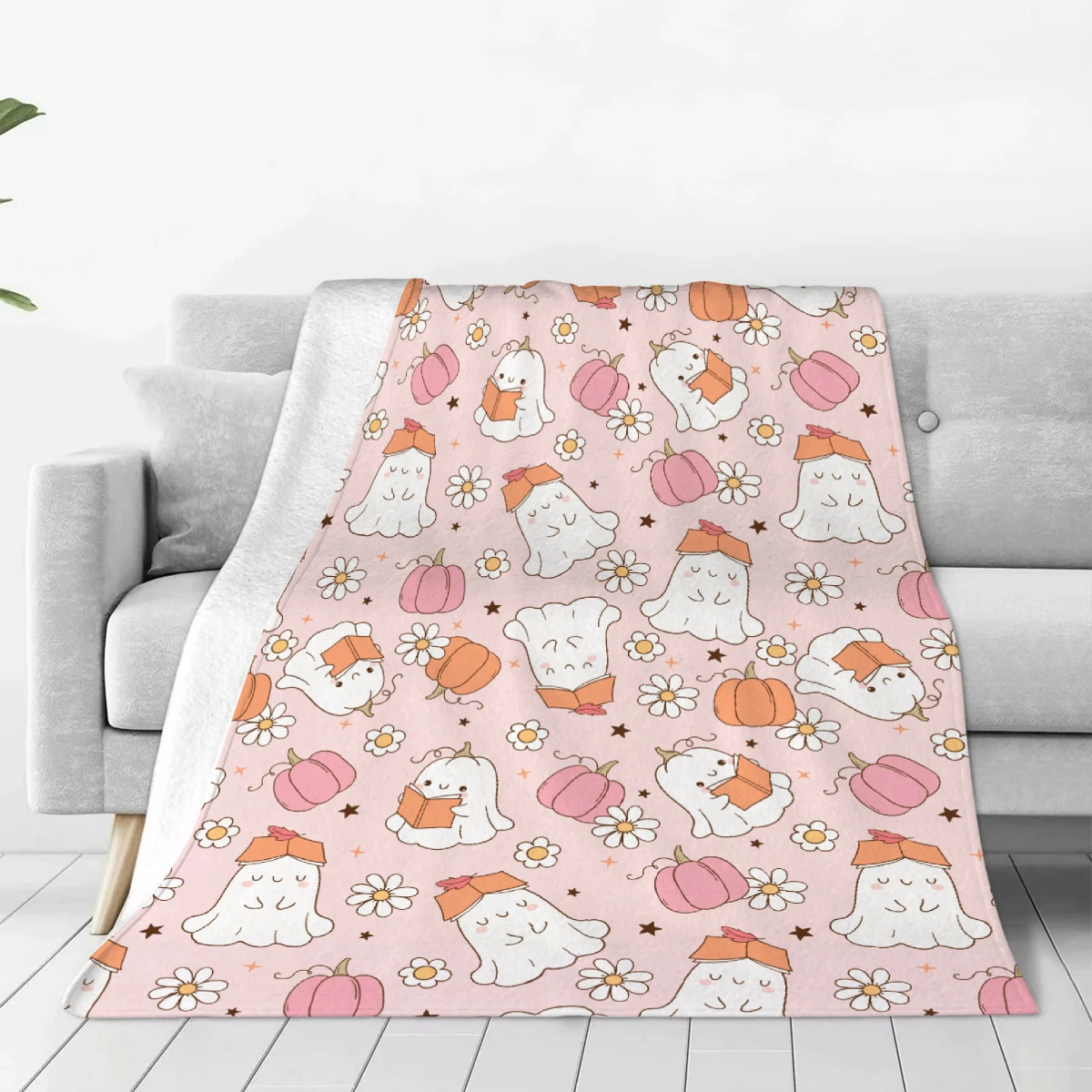 Pink Blanket Happy Halloween Lovely Ghost Books Soft Flannel Blanket for Home Living Room Bedroom Halloween Decor Birthday Gift