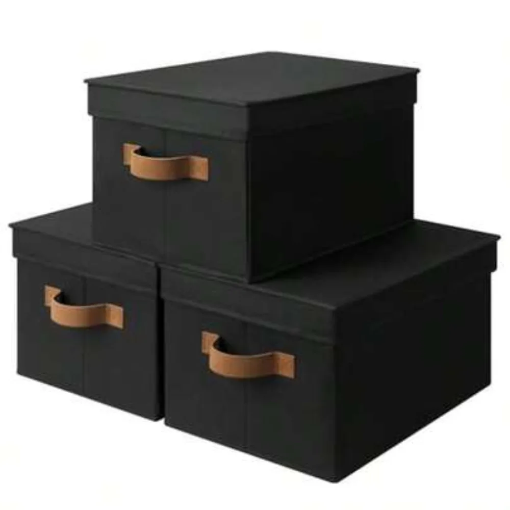 Black Storage Bins with Lids, Foldable Stackable Fabric Boxes with PU Handles, Large 3-Pack for Closet Shelves, Bedroom, Living Room Garage Organizer
