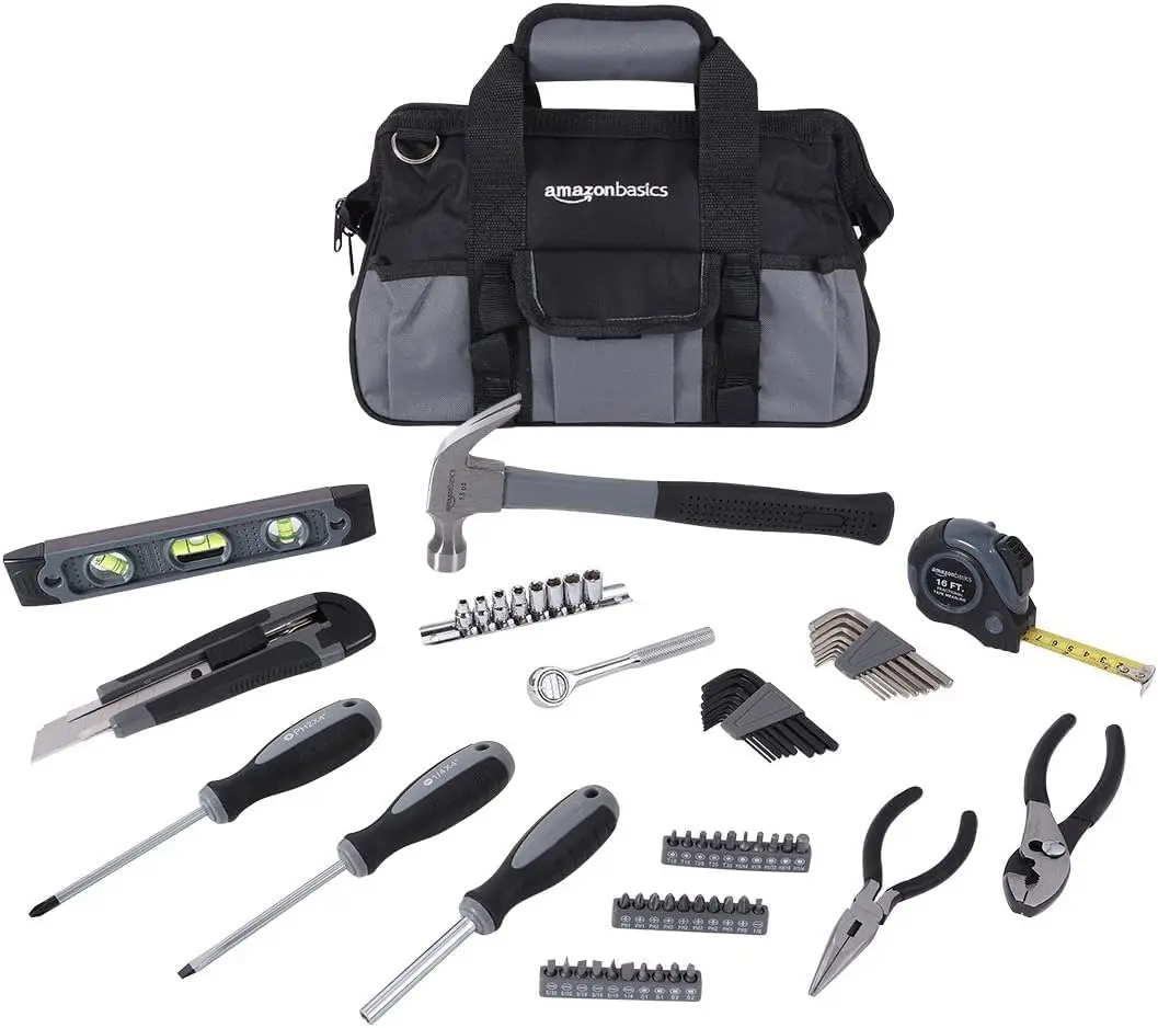 

65 Piece Home Repair Tool Kit Set with Carrying Bag, Hand Tools, Socket Set, SAE and Metric, Silver Black