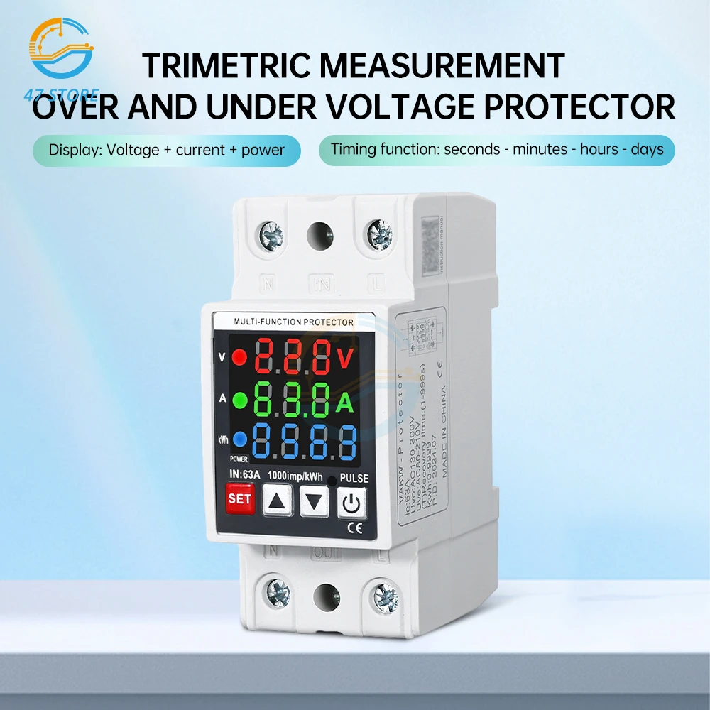 AC 230V 63A Din Rail 3-in-1 Display Accurate Adjustable Over Voltage Current and Under Voltage Protective Device Protector Relay