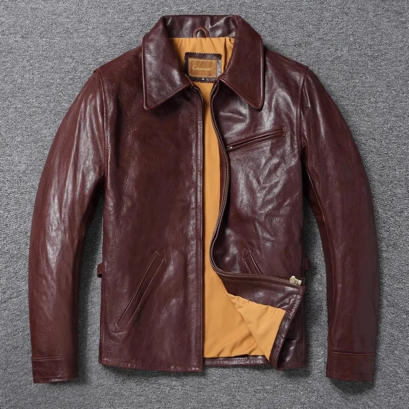 2024 New Autumn Winter Men's Casual Coat Vintage Wine Red Lapel Slim Biker Jacket Man 1930 Genuine Leather Jackets