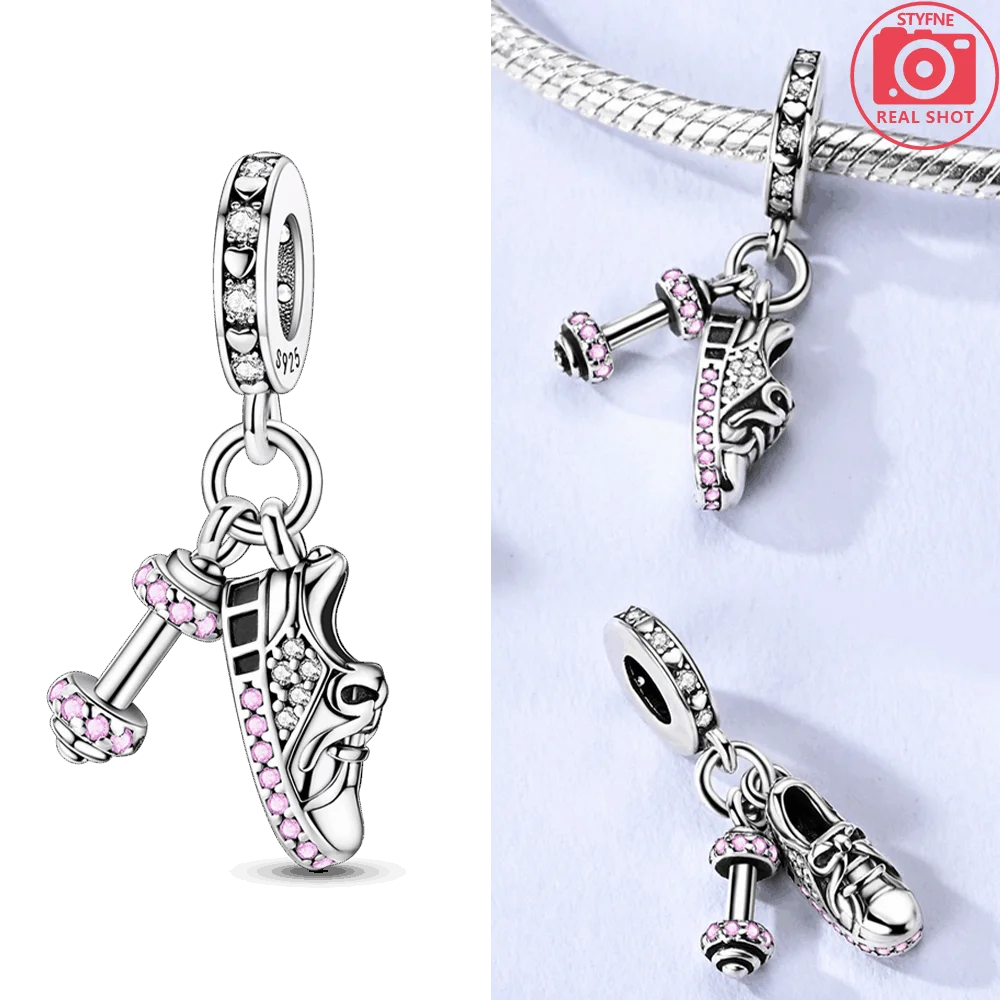 Charms Plata 925 Pink Zircon Dumbbell Sports Shoe Pendants Fit Original 925 Bracelets Charms for Women Jewelry DIY Making Gifts