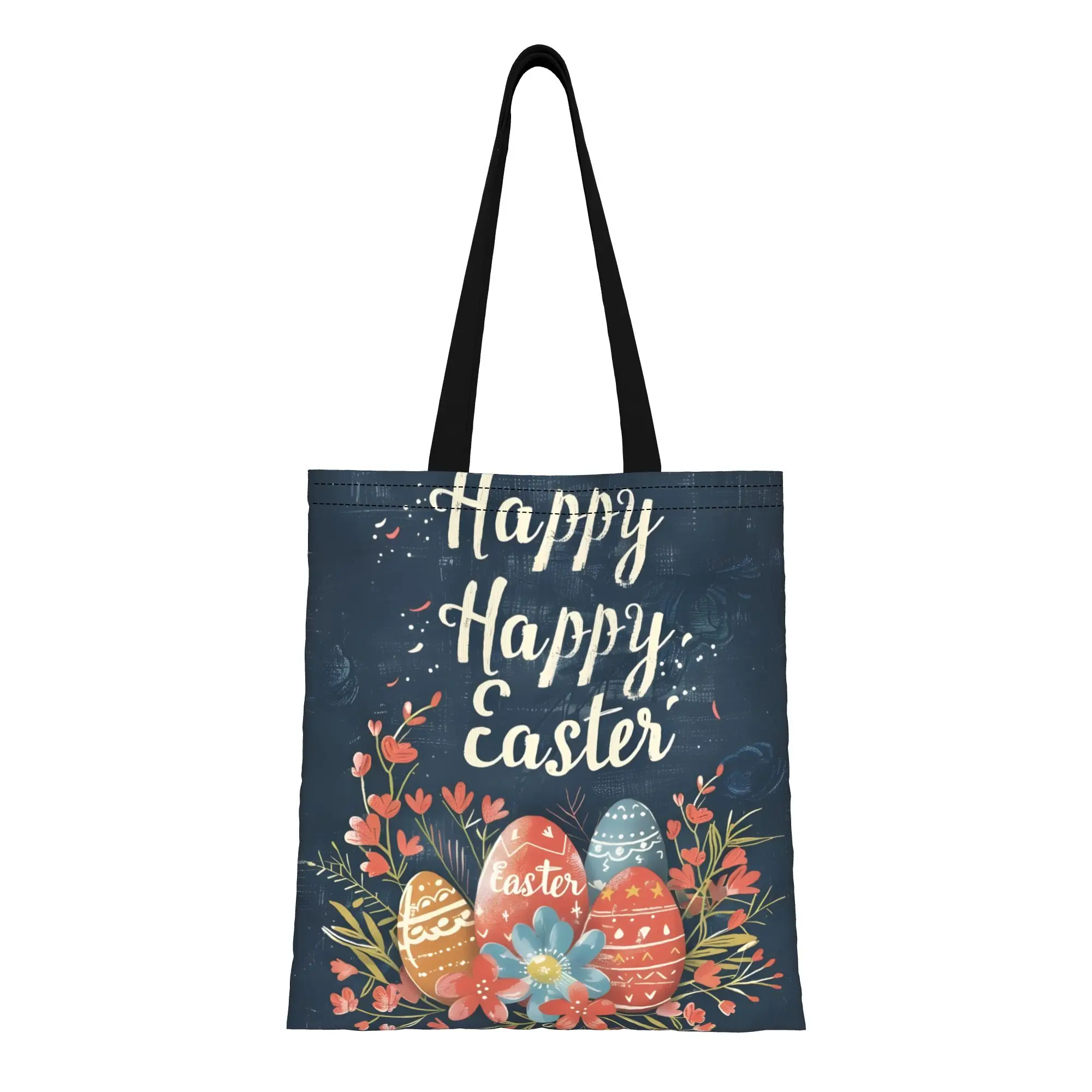 1PC Large Capacity Floral Spring Easter Bunny Vibes Canvas Tote Bag Foldable Chic Pattern No Closed Design