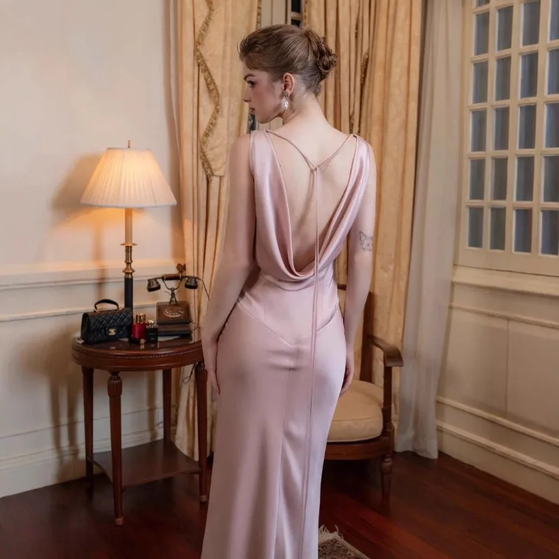 Cetim elegante maxi vestido de noite para mulher 2025 verão sem mangas sem costas robe vestido clube sexy vestido longo