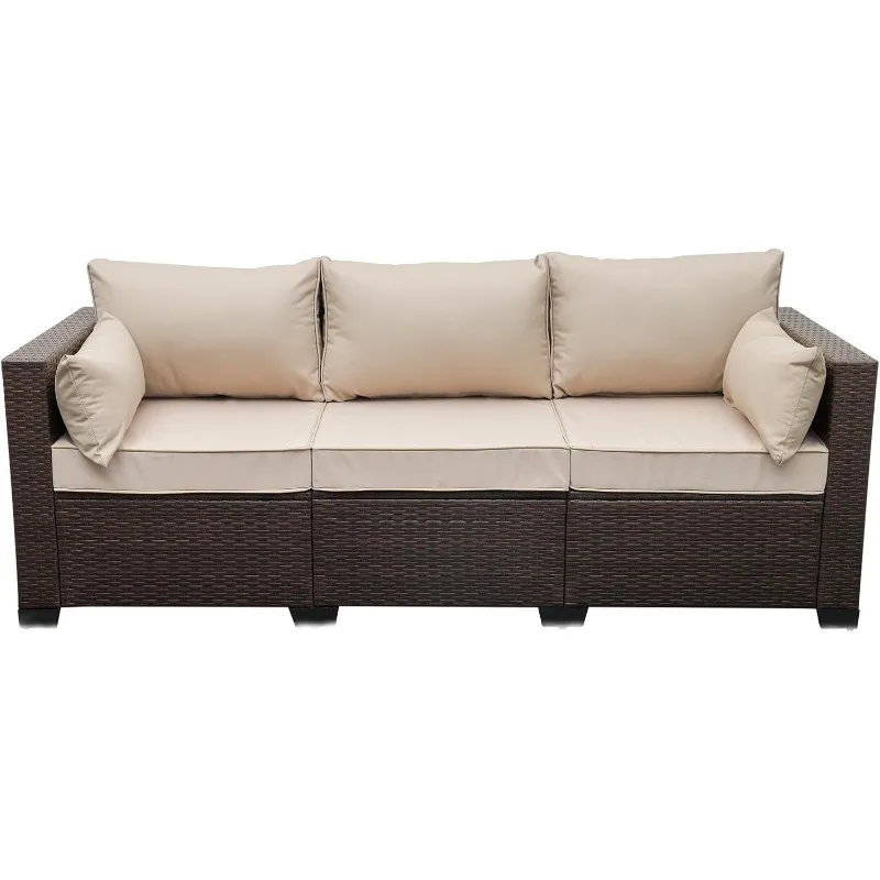 WAROOM Patio Couch PE Wicker 3-Seat Outdoor Brown Rattan Sofa Deep Seating Furniture with Non-slip Beige Cushion