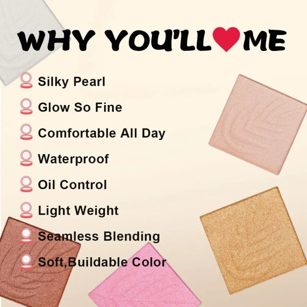 Square Transparent Cover Highlighter Palette Matte Shimmer Face Body Vegan Private Label Custom Logo Makeup Wholesale