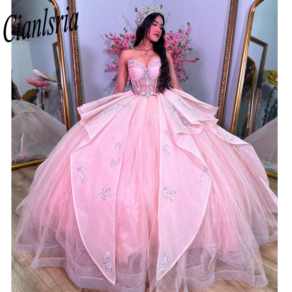 Pink Illusion Beading Crystal Quinceanera Vestidos, vestido de baile, sem alças, saia destacável, Sweet 15 Appliques