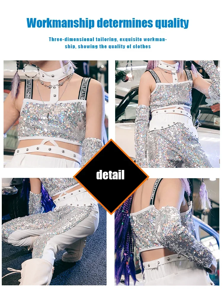 K-Pop Stages Kleidung Weiß Silber Pailletten Kleid Anzug Runway Performance Show Wear Y2K Mädchen Urban Street Dance Jazz Outfits