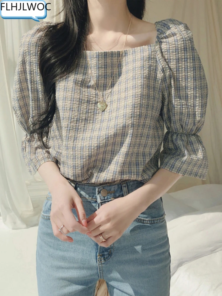 

Cute Sweet Tops Women Hot Sales Korean Japan Style Clothes Design Short Top Preppy Girls Blue Red Plaid Shirts Blouses Vintage