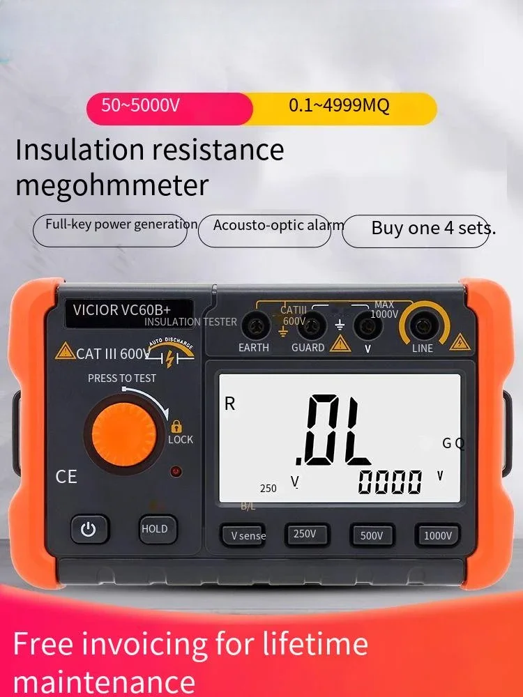 Insulation Resistance Tester VC60B+ Digital Megohm Meter 500v1000 Intelligent Detector Electrician's Swing Meter