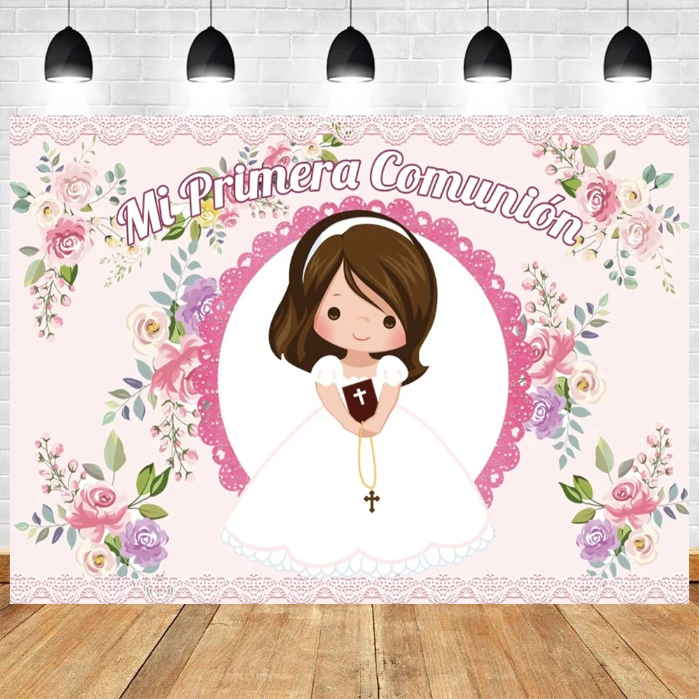 My First Communion Theme Pink Flowers Boy Girl Baptism Gold Cross Grail God Bless Portrait Photography Background