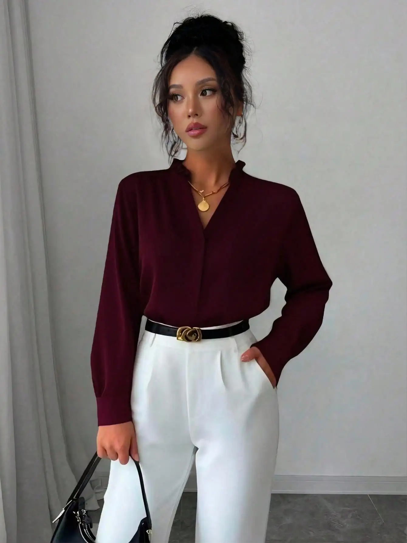 

Elegant Burgundy Notched Neck Long Sleeve Blouse for Women, Office & Casual Wear