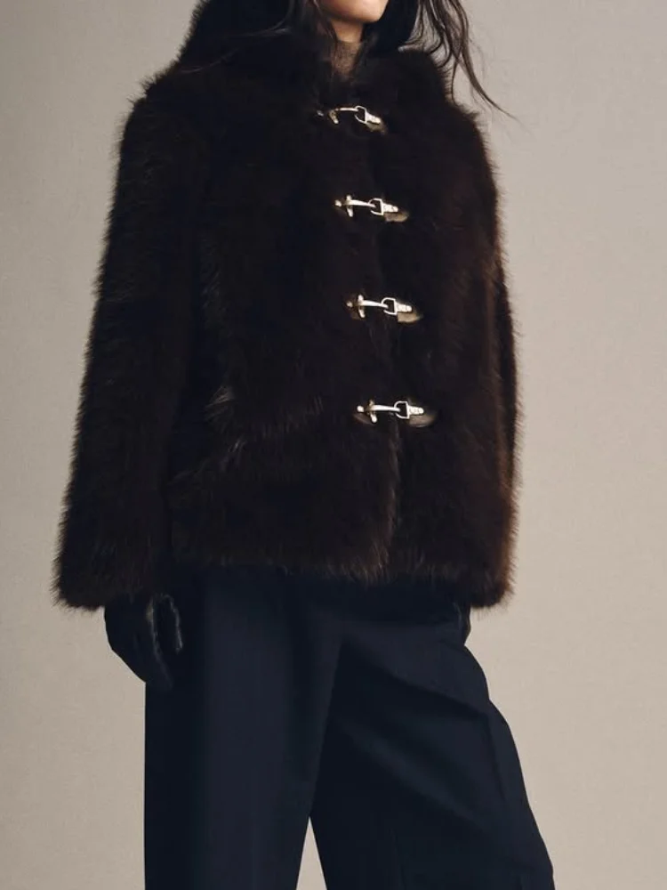 

Классическая коричневая куртка из искусственного меха с капюшоном, женская шикарная однобортная свободная короткая верхняя одежда с длинными рукавами, женская зимняя повседневная уличная куртка