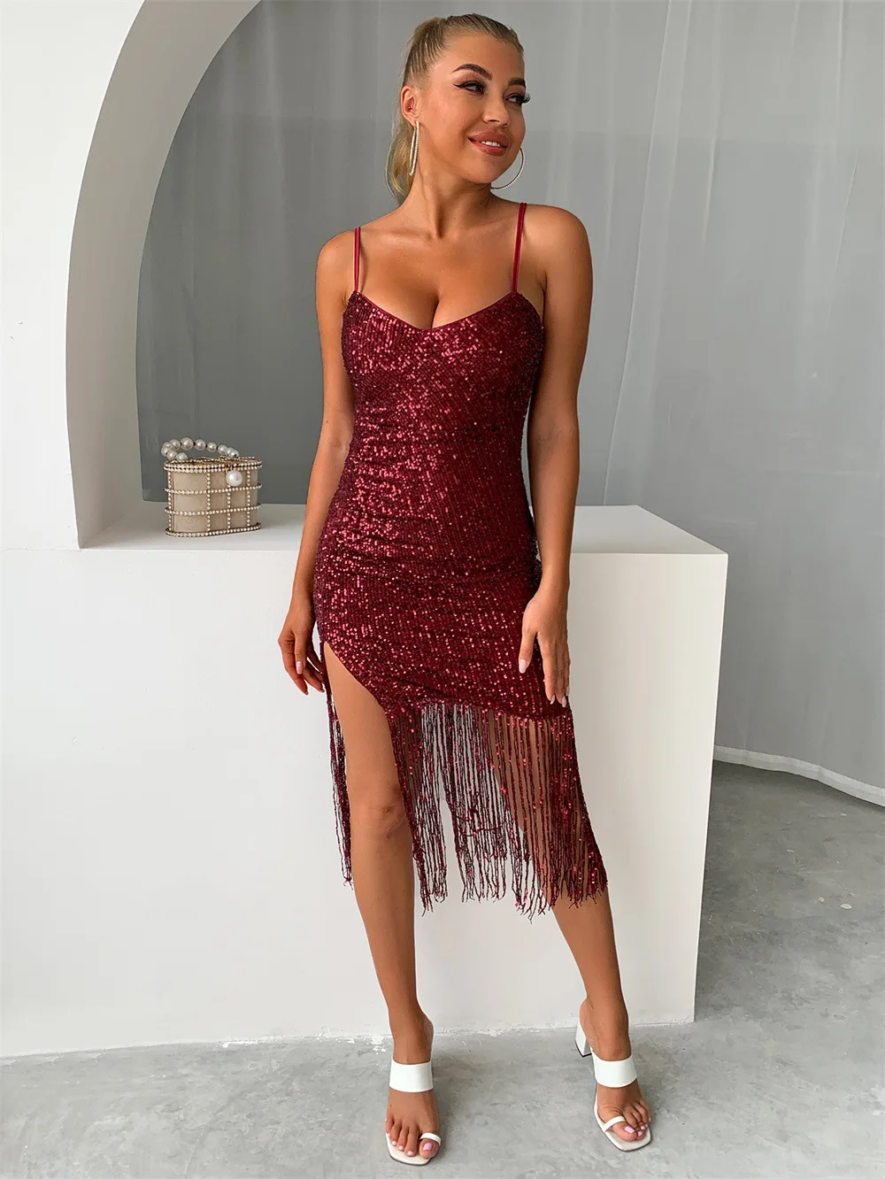 Women Sexy Suspender Tassel Sequins Dress Female Fashion V-neck Slim Latin Outfit 2024 Summer Vintange High Slit Streetwear