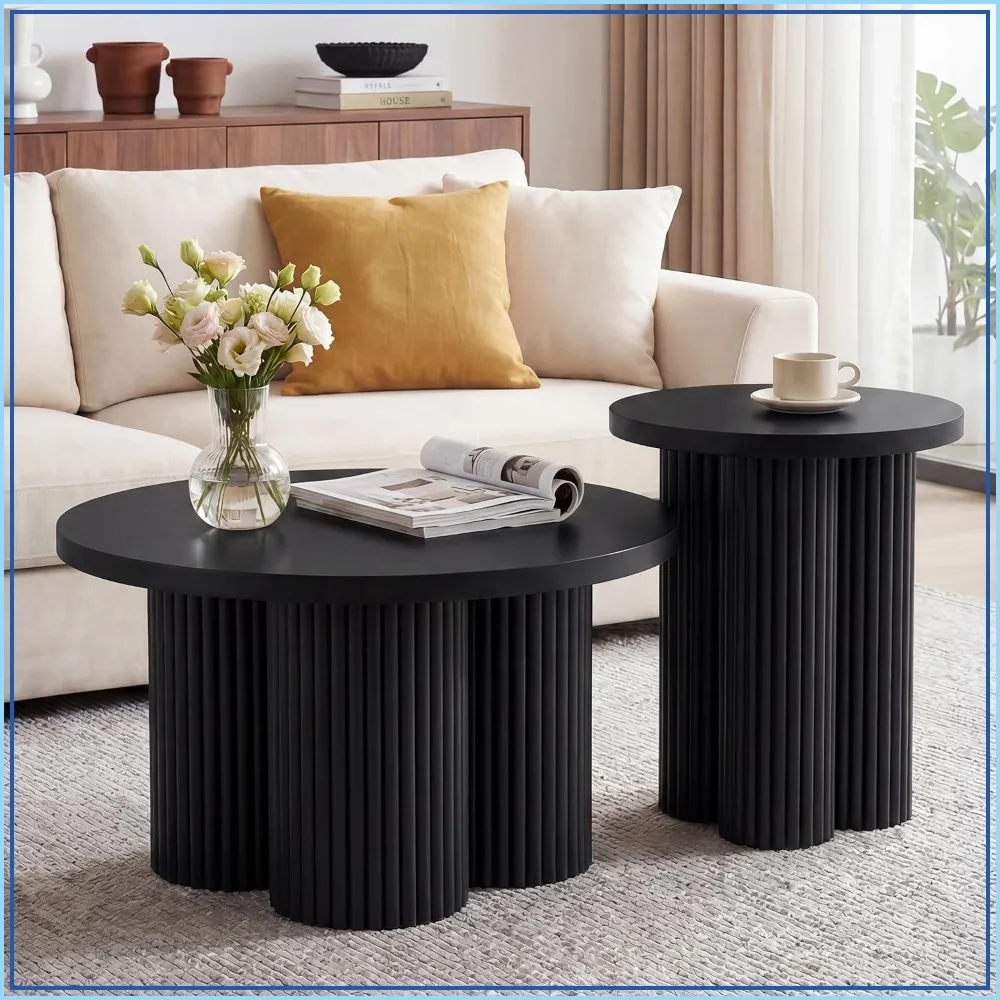 Nesting Coffee Tables Set of 2 Fluted Round Coffee Table in Black