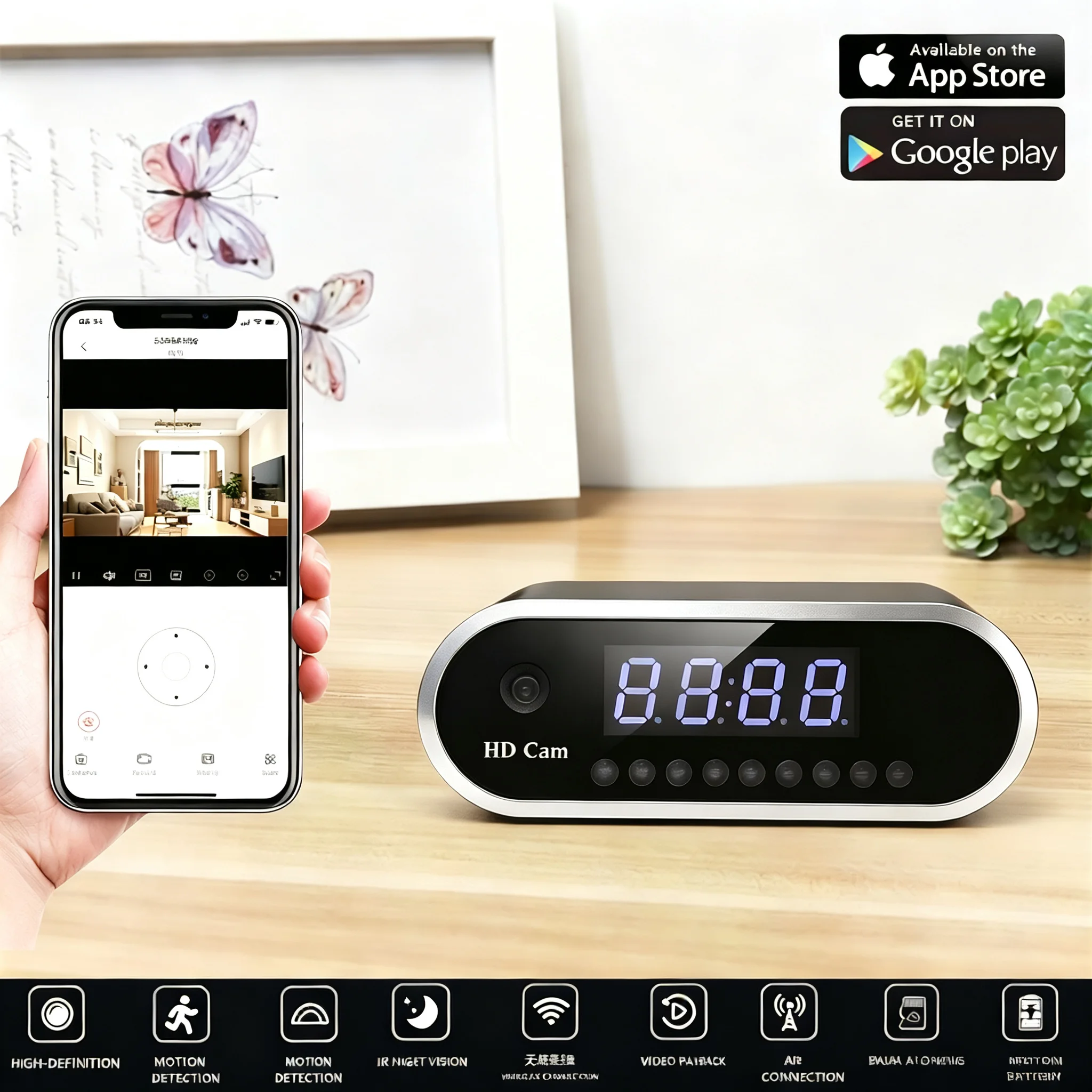 Full HD 1080P Mini  Home Wireless Camera Clock ，Supports Remote Viewing, Motion Detection，Digital Lights Can Be Turned Off