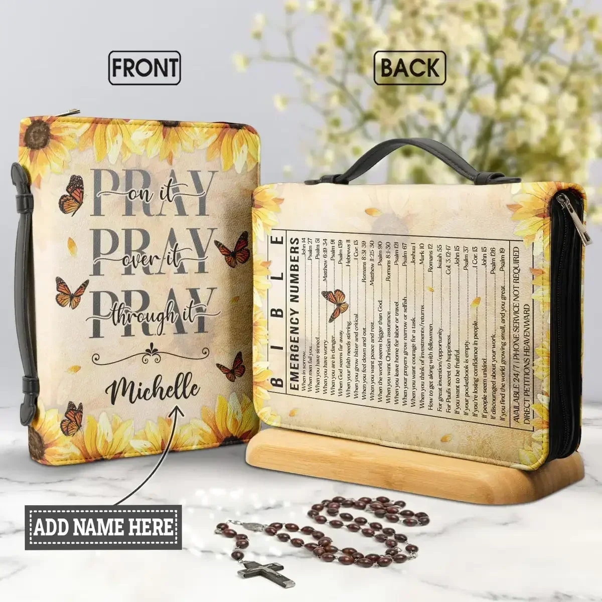 

Роскошная кожаная сумка-чехол для Библии с принтом «Подсолнухи и бабочки», на молнии, для женщин, для хранения, подарок
