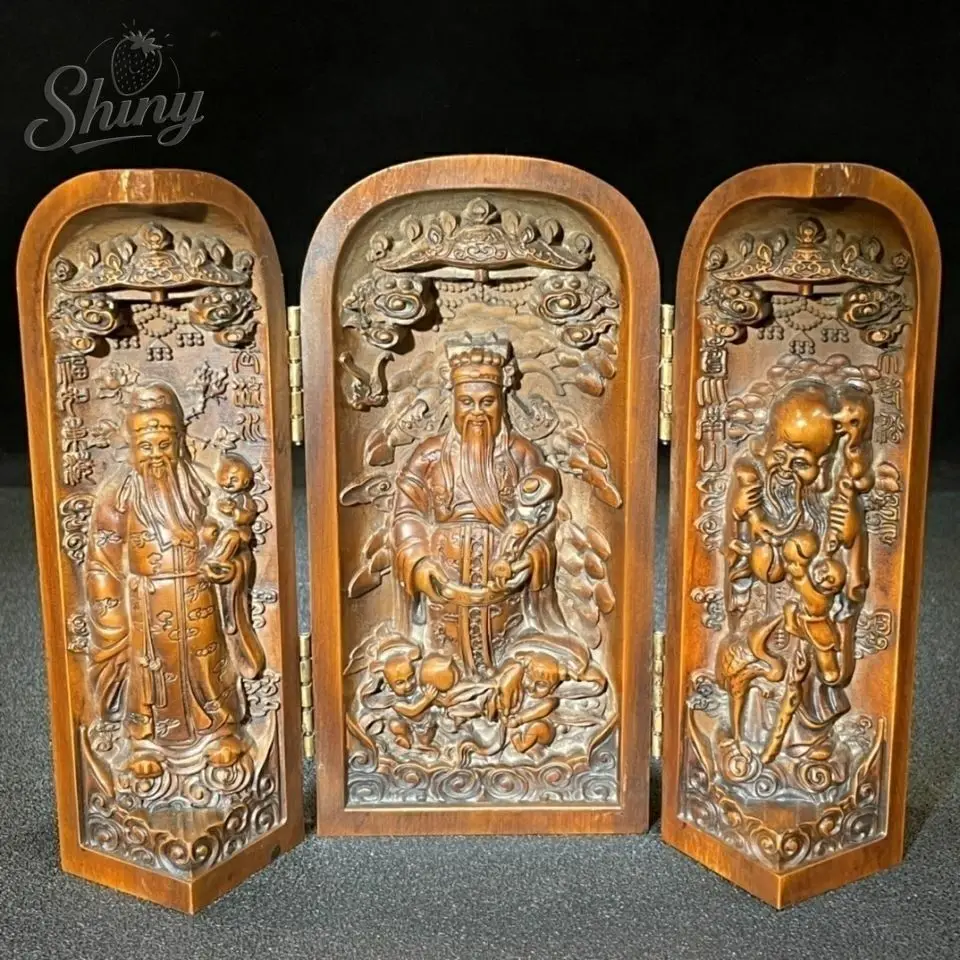 

Old Boxwood Taoism Three Gods of Blessing Wealth Longevity Statue Three Open Boxes Feng Shui Home Decor