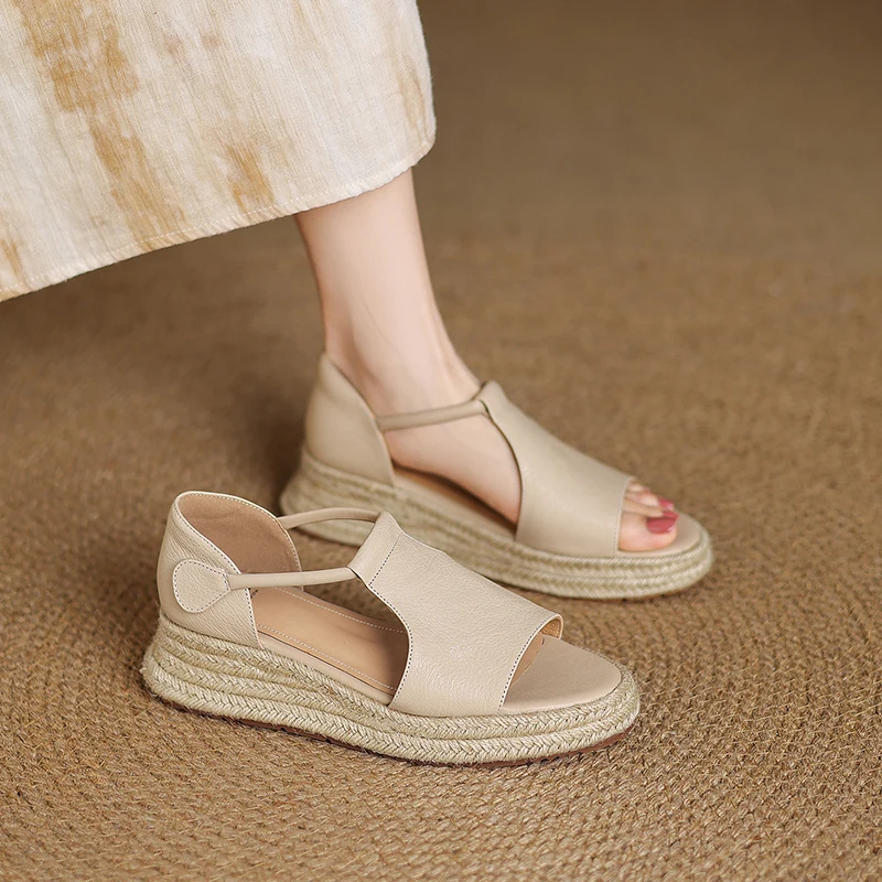 

Женские сандалии, обувь из натуральной кожи в римском стиле, модная элегантная обувь на танкетке 5 см, женские сандалии абрикосового цвета, черно-белые женские элегантные A210