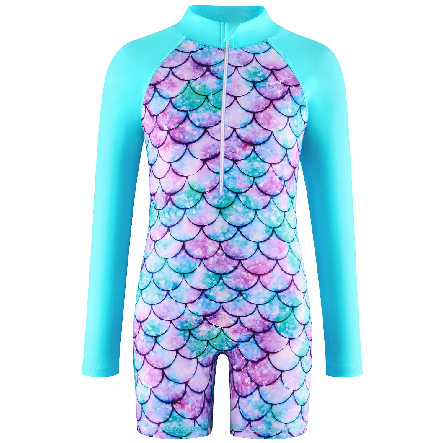 2024 Summer Girls Mermaids Long Sleeves Round Neck One-piece Swimsuit For 4-12Years Children Fish Scale 3D Print Bathing Suit