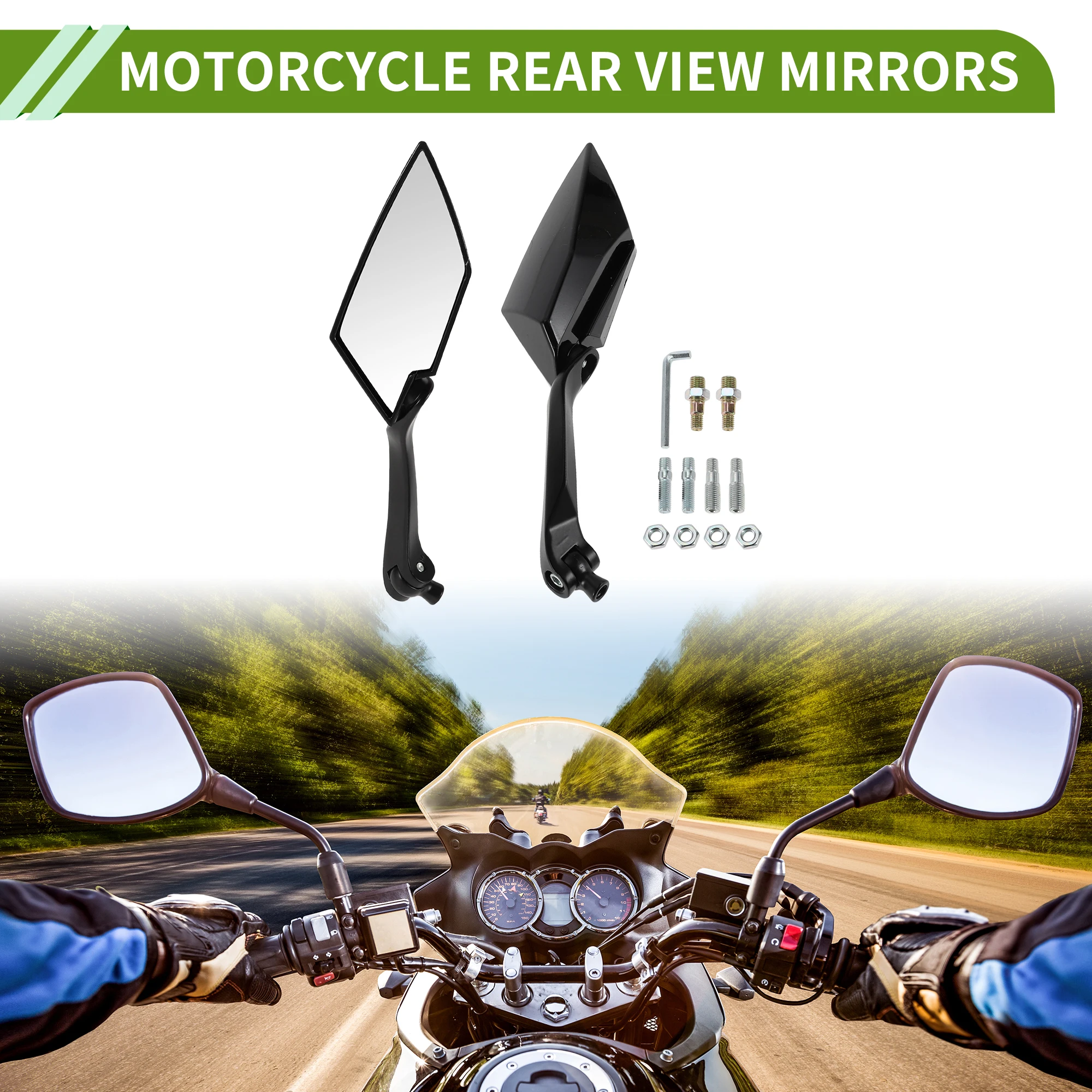 Motoforti M8/M10 Motorcycle Rear View Mirror Prismatic Shape Black Aluminum Plastic 1 Set