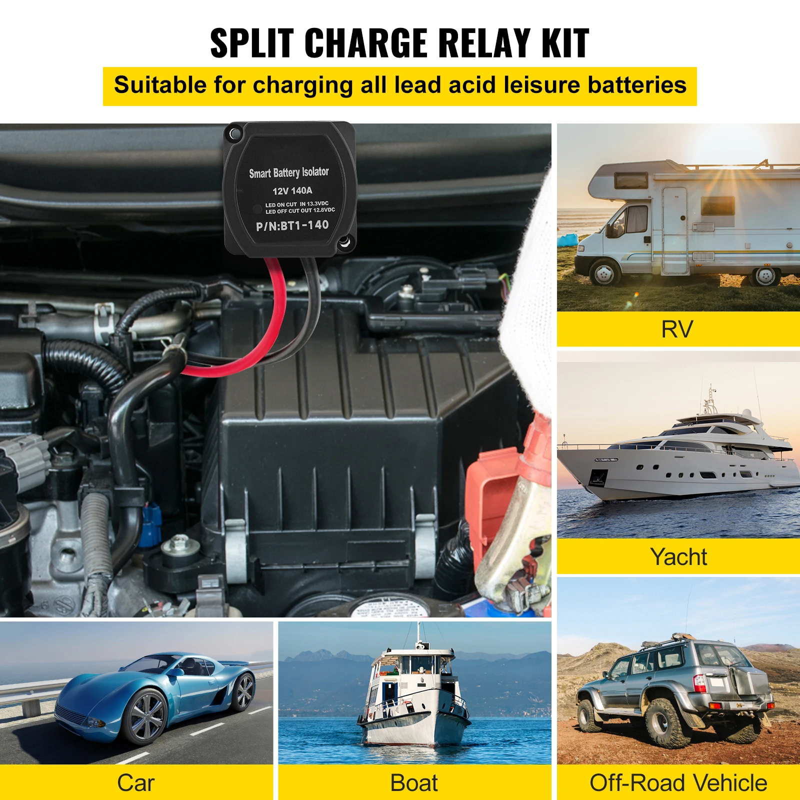 Split Charge Relay Kit Voltage Sense Relay Professional 12V 140AMP 2/4/5/6 mtr Battery Cable for ATVs UTVs RVs Camping
