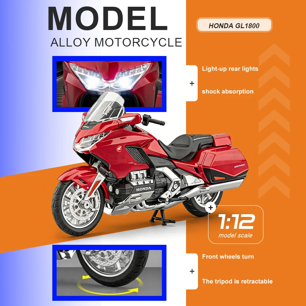 

Модель мотоцикла HONDA GL1800 в масштабе 1:12, литая из сплава, с амортизацией, поворотным рулем, звуком и светом, декоративная модель мотоцикла