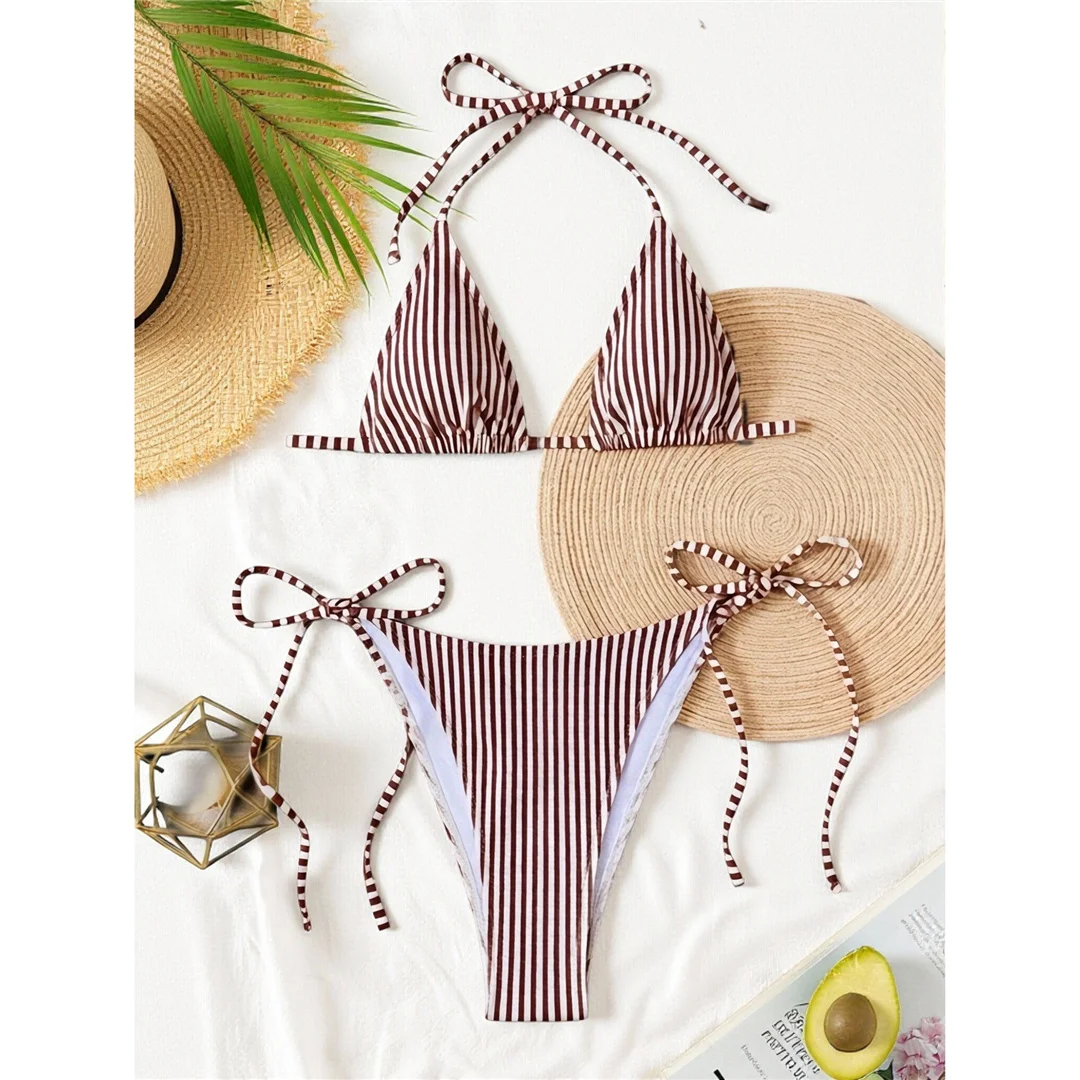 S - XL Gestreifter Neckholder-Bikini, Damen-Badeanzug, zweiteiliges Bikini-Set, hoch geschnittene Beine, Badebekleidung, Badeanzug, Schwimmbekleidung V8527 – Detail 24