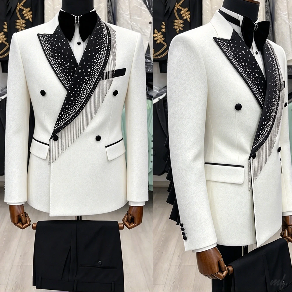 Fashion 2 Pieces Crystals Men's Suits Double Breasted Peaked Lapel Jacket Sets Tassels Customized Trajes Para Hombre