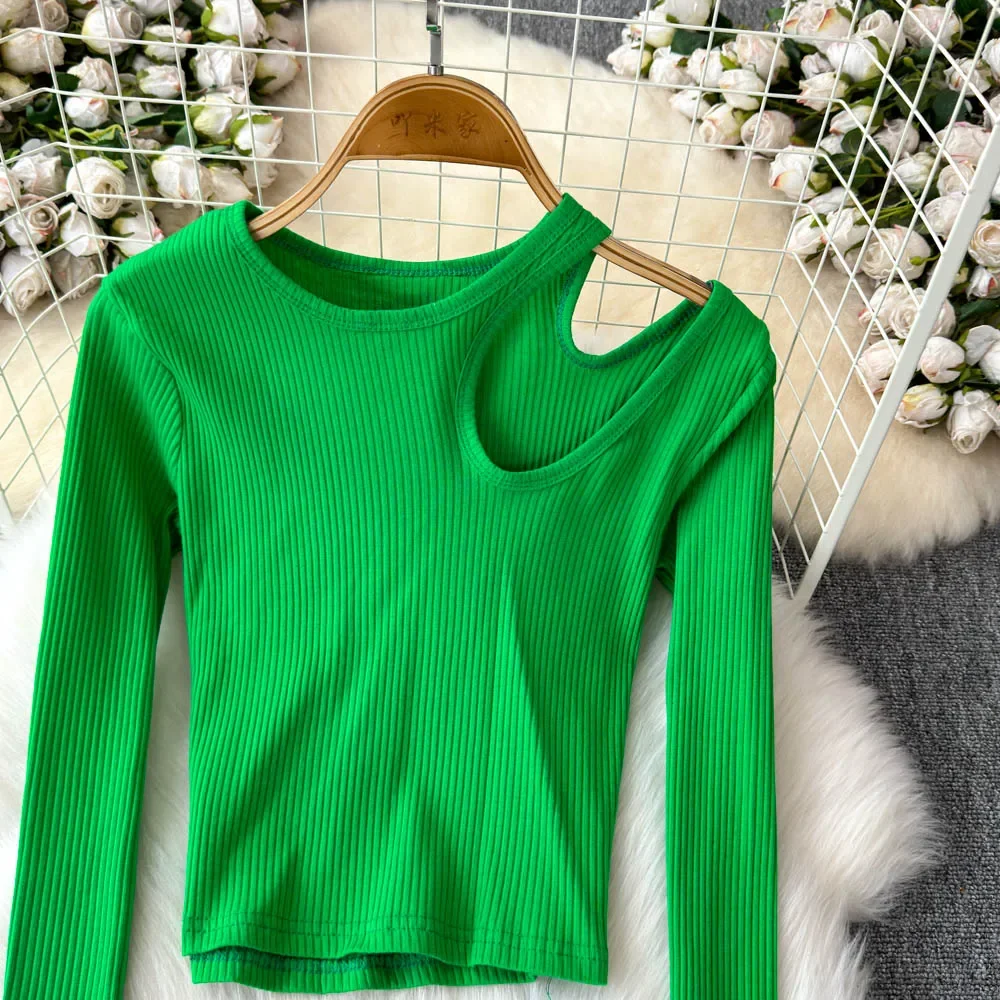 Grundlagen Lange Ärmel Oansatz Hotsweet Chic Aushöhlen Gestrickte Dünne Kurze Top Streetwear High Street Herbst Winter Frauen T-Shirts