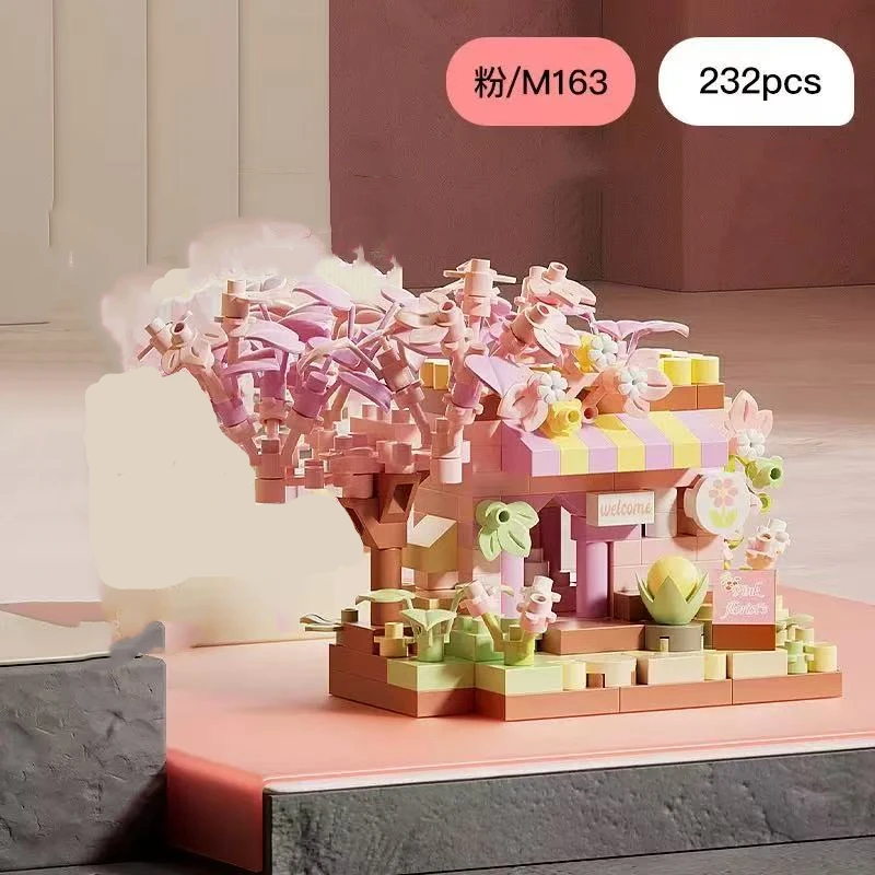 Mini escena de calle, cuento de hadas, ciudad, sol, tienda de flores, casa, adornos arquitectónicos de micropartículas, bloques de construcción para niños