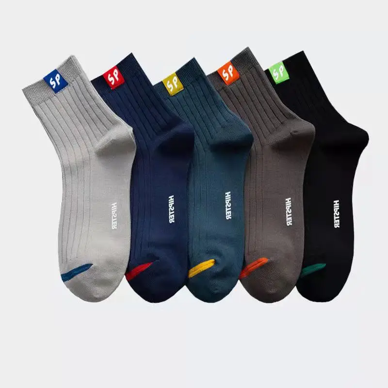 5 paires de chaussettes à rayures pour hommes, chaussettes de sport en coton, épaisses, mi-tubes, de haute qualité, nouvelle collection automne et hiver