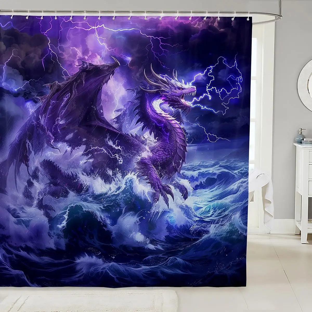 Waterproof Dragon Storm Shower Curtain Gothic Fantasy Art Bathroom Decor Epic Lightning Ocean Mythological Creature Shower Curta