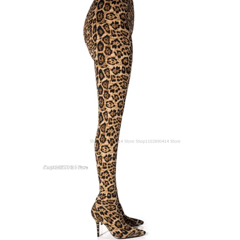 Leopard Print Pointed Toe Springy Pants Boots Over The Knee Stilettos High Heel Women Shoes Novel Sexy 2023 Zapatos Para Mujere