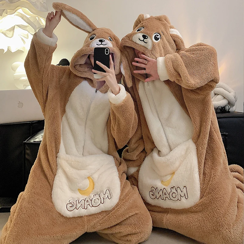 kangaroo Couples Pajamas Jumpsuits Women Men Adult Winter Thicken Hooded Pyjamas Sleepwear Korean Loose Onesie Soft Warm Home