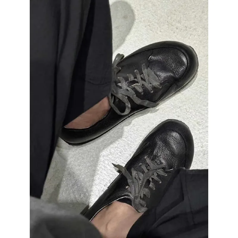 Retro Handmade Motorcycle Boots Casual Big Head Flats for Men and Women British Style Couple Loafers Leather Shoes Botas Moto