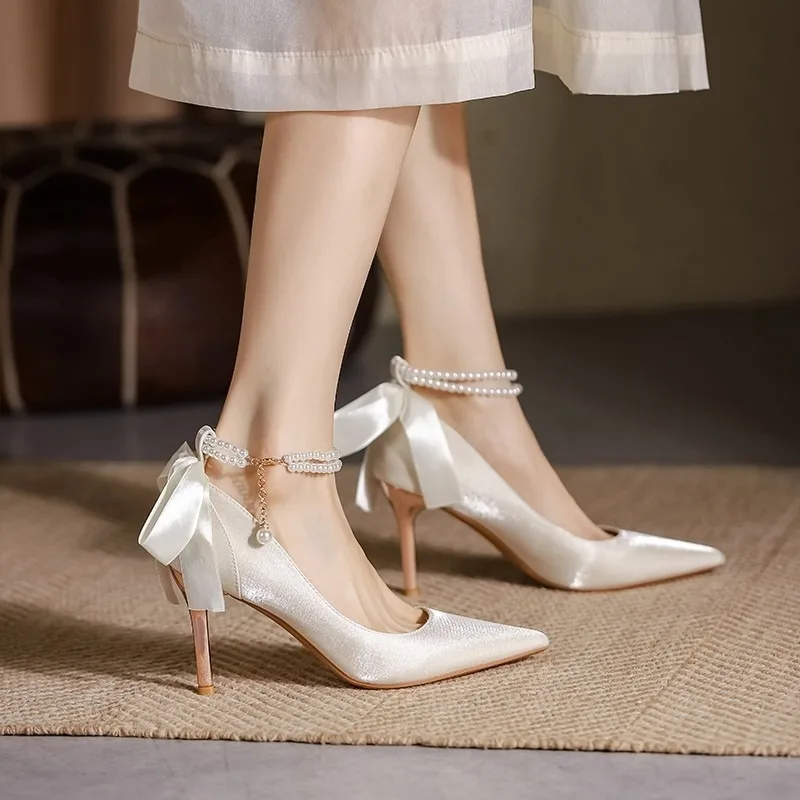 Elegant Ladies White Pearls Ankle Strap Pumps for Wedding Women Silk Back Bowtie High Stiletto Heeled Shoes Woman Spring 2023