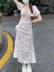 Floral Dress Women Puff Sleeve Midi Elegant Summer Aesthetic Sexy French Style Dating Mujer Ins Basics Tender Streetwear Daily