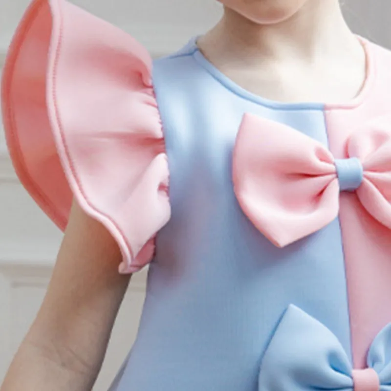 Fashion Baby Girl Princess Fly Sleeve Dress Toddler Child Bow Dress Pink Blue Color Blocking Birthday Party Baby Clothes 2-10Y