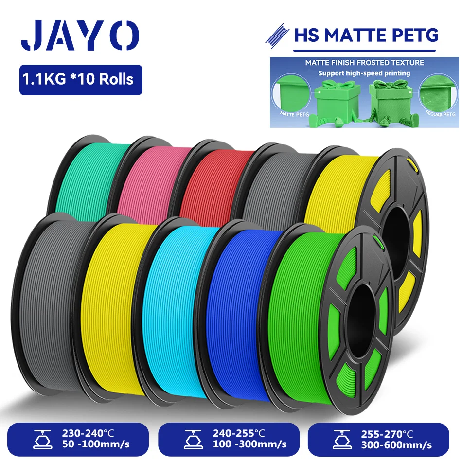 JAYO 10 Rollen Hochgeschwindigkeits-Matt-PETG 3D-Drucker-Filament, hohe Durchflussgeschwindigkeit 50-600 mm/s, Matteffekt PETG 3D-Druckmaterialien für 3D-Drucker & 3D-Stifte