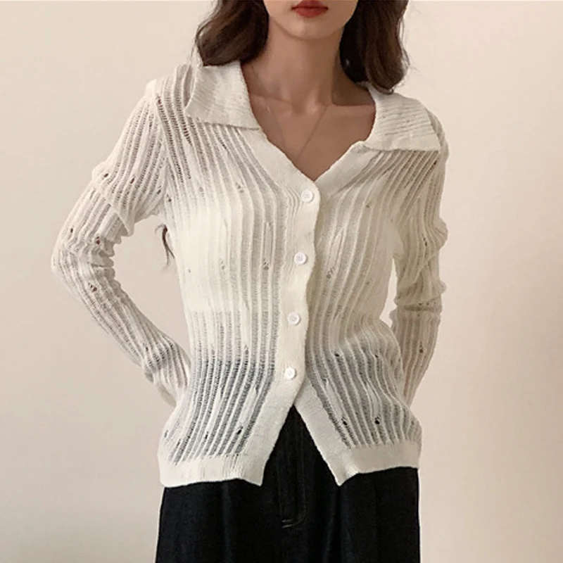 MSCSZ White Transparent Cardigan For Women Lapel Neck Long Sleeve Hollow Out Crochet Cardigan Women Sexy Thin Spring Fall Coats