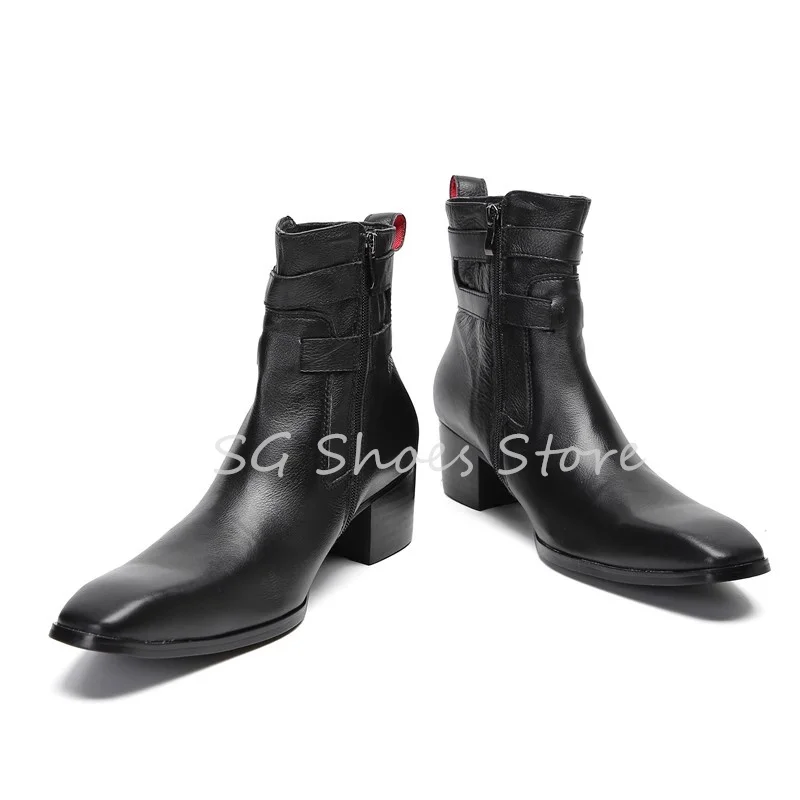 Fashion Design Genuine Leather Splicing Short Boots for Men Square Toe Chunky Heel Belt Buckle Chelsea Boots Male Casual Shoes