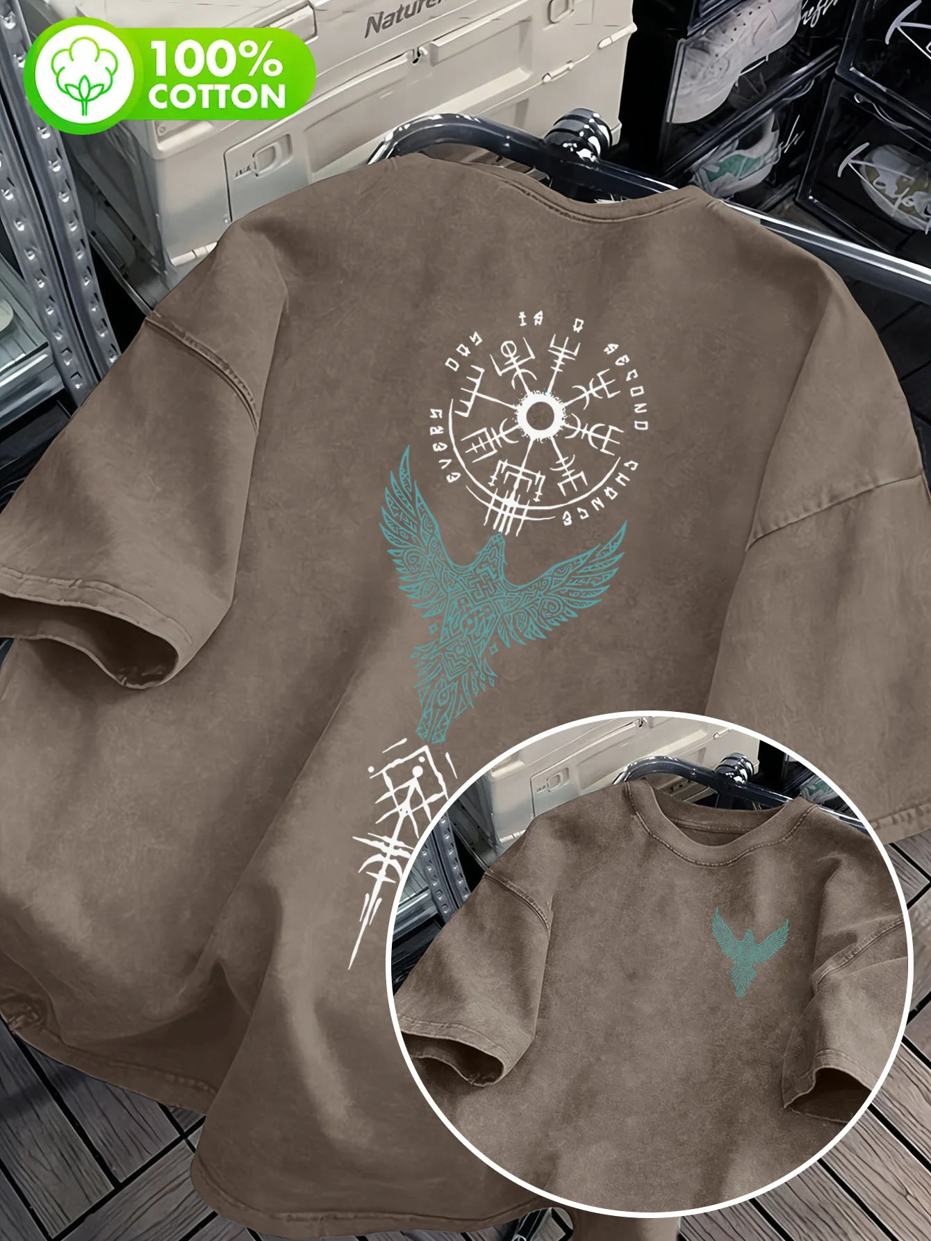 Men's 100% Cotton Viking Raven Compass T-shirt Double Sided Print Vintage Nordic High Street Loose Crew Neck Short Sleeve S-3XL