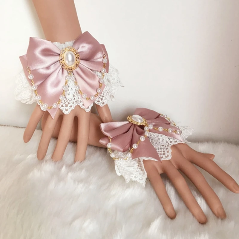 Japanese Sweet Hand Wrist Cuffs Double Layer Floral Lace Bowknot Bracelet Wristband Imitation Pearl Chain Jewelry Maid