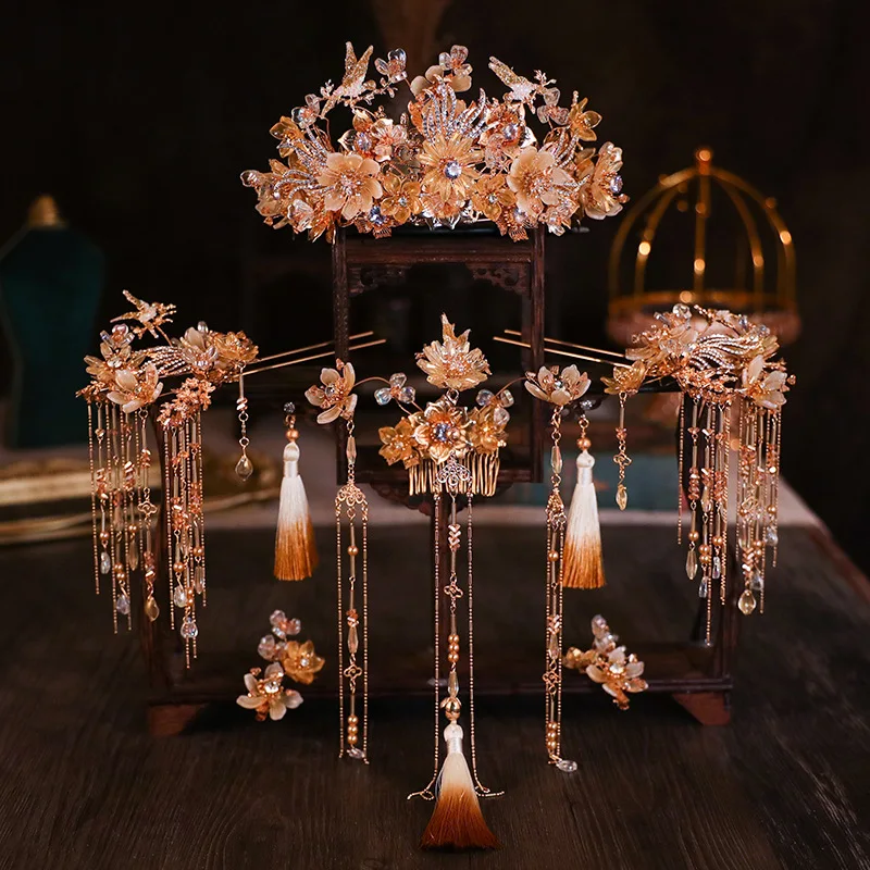 고대와 드레스 신부 머리 장식 수 놓은 긴 소매 프린지 머리 장식 Xiuhe 드레스 새로운 중국어 웨딩 드레스 액세서리